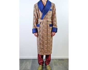 Men’s Dressing Gown Gold Brown Floral Paisley Navy Fine Quilted with Cord Piping Victorian Smoking Jacket Monogrammed Gents Housecoat