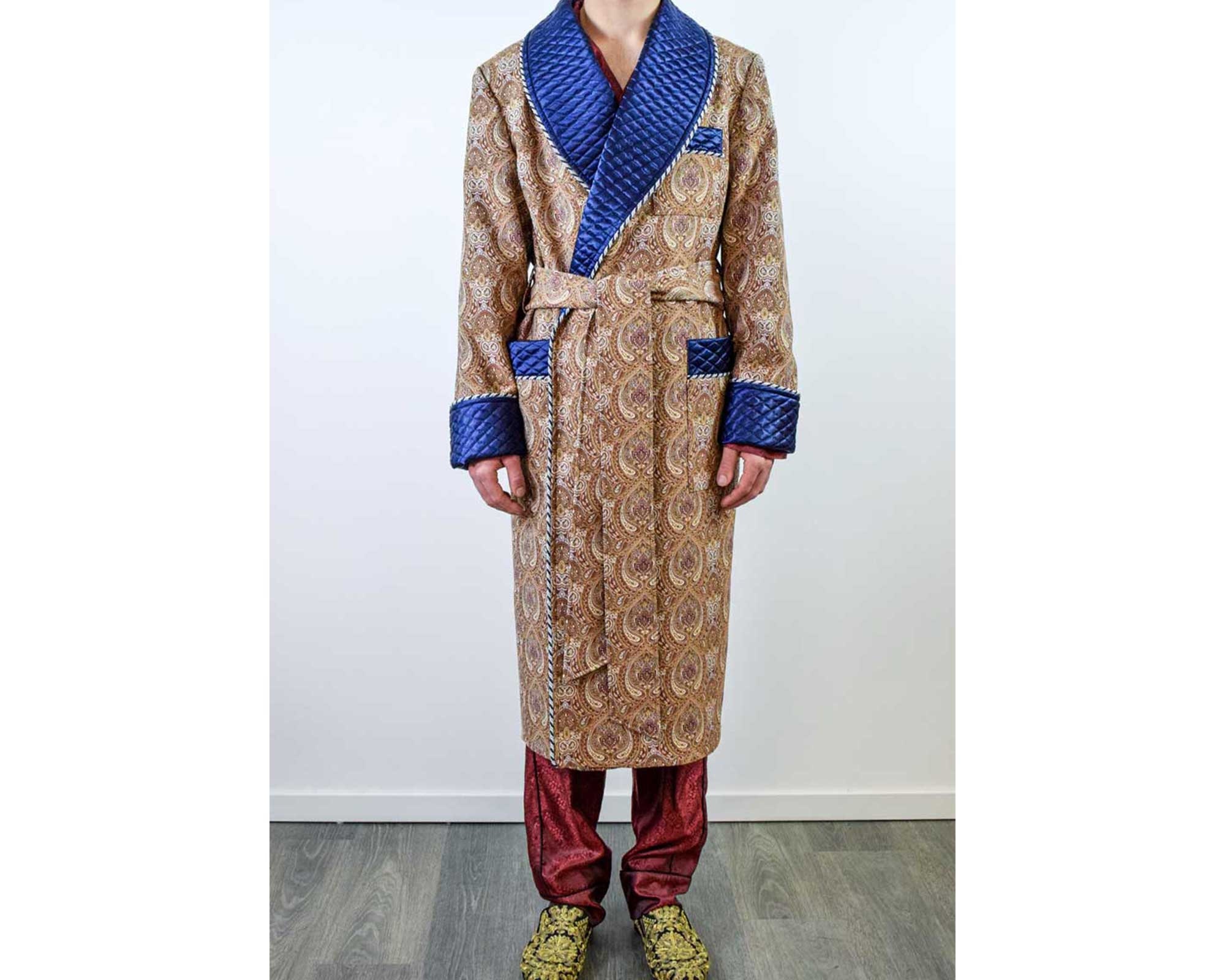 Men's Paisley Dressing Gown Luxury Robe Gold Blue Quilted