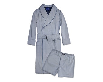 Men's Robe and Shorts Set Lounge Lightweight Cotton Boxer Shorts Summer Travel Dressing Gown Blue Housecoat Loungewear Pajamas