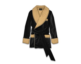 Mens Velvet Robe Smoking Jacket Black Gold Quilted Silk Collar Dressing Gown Monogrammed Robes Warm Luxury English Vintage Gentleman