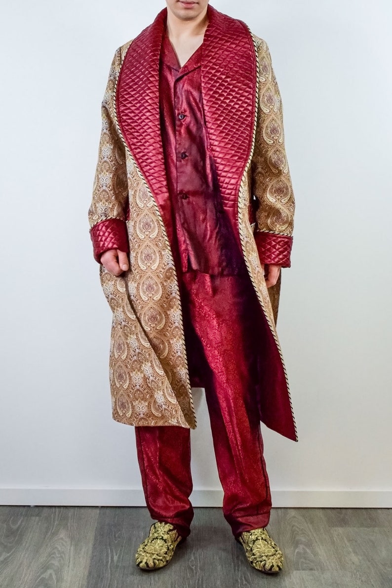 Mens Dressing Gown Gold Brown Floral Paisley Burgundy Quilted Cord Piping Classic Victorian Smoking Jacket Monogrammed Gents Housecoat image 2