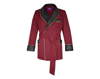 Burgundy Mens Smoking Jacket Robe Quilted Warm Dressing Gown Luxury Gentleman Housecoat Warm Cotton Old Fashioned Traditional