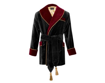 Mens Smoking Jacket Robe Dark Burgundy Wine Red Black Velvet Dressing Gown Quilted Classic Extra Warm Long Lined Traditional Smokers Robes