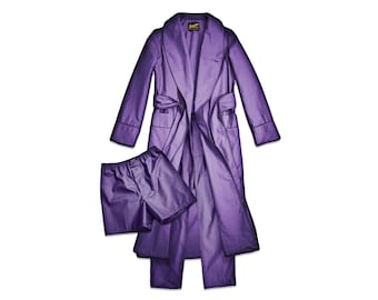 Men's Purple Cotton Robe and Shorts Set Lightweight Boxer Shorts Smoking Jacket Summer Travel Dressing Gown Housecoat Pajamas