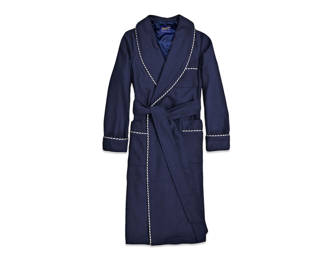 Mens Wool Robe Dressing Gown Smoking Jacket Dark Navy Blue Etsy