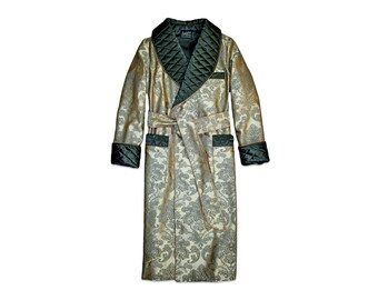 Mens Dressing Gown Paisley Floral Quilted Green Gold Housecoat Jacquard Cotton Luxury English Gentleman Vintage Morning Robe Smoking Jacket