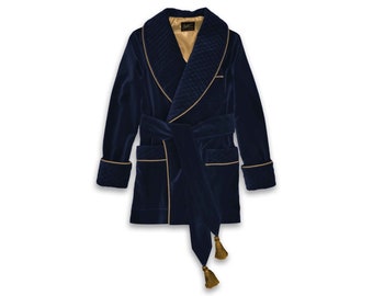 Mens Robe Smoking Jacket Dark Navy Blue Velvet Vintage Lounging Robes Smoking Jacket Housecoat Monogrammed