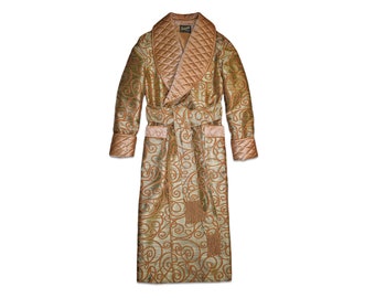 Mens Dressing Gown Gold Paisley Quilted English Gentleman Vintage Morning Robe Smoking Jacket Silky Shawl Collar Victorian Dandy Dapper