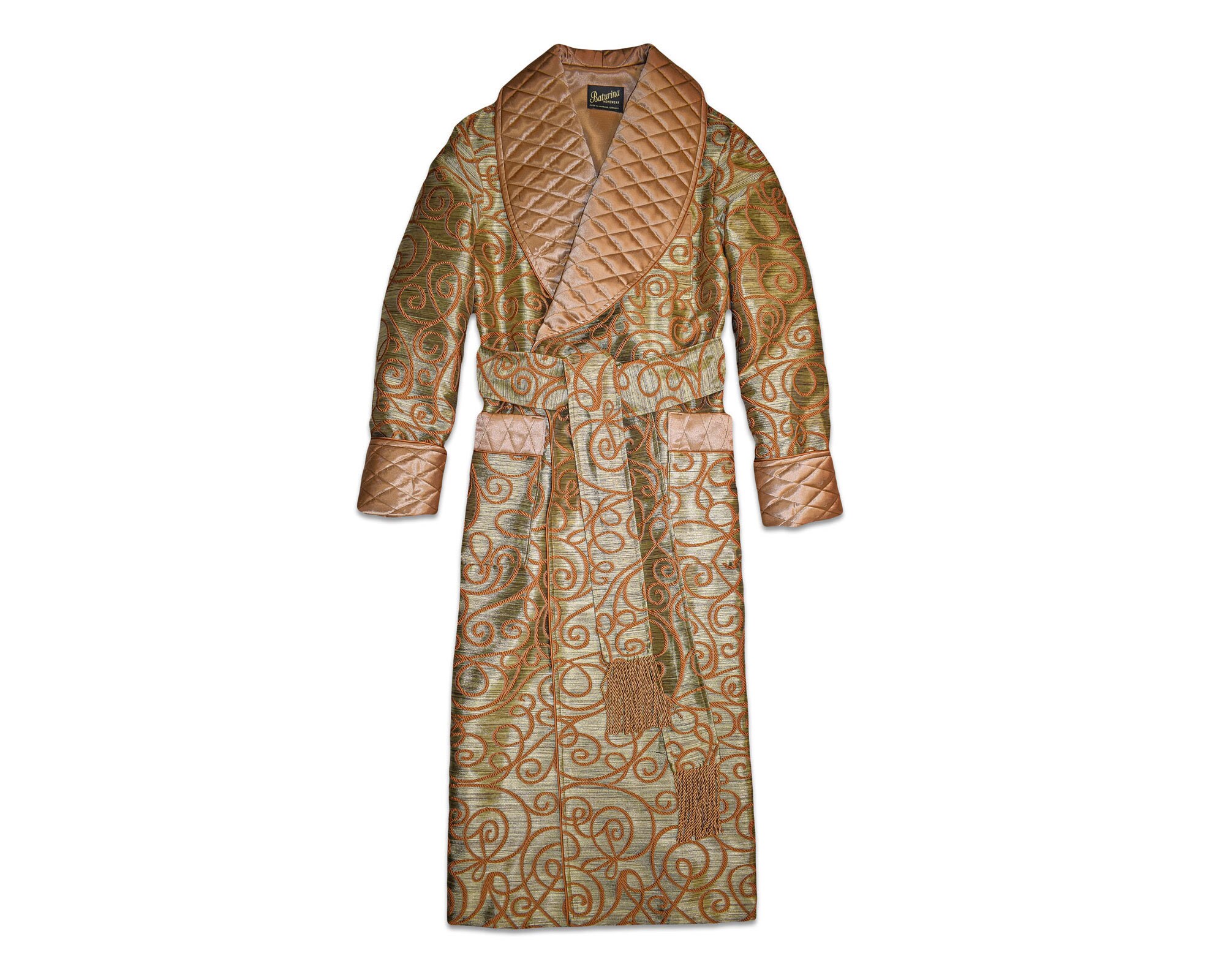 Men's Robe Warm Long Quilted Black Gold Dressing Gown