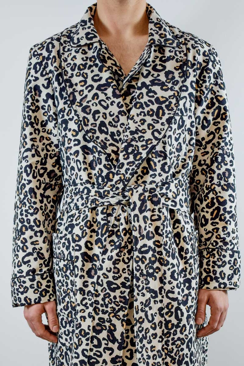 Mens Cotton Robe Leopard Print Cotton Dressing Gown Gentleman Long Classic Victorian Smoking Jacket Monogrammed Gents Housecoat image 4