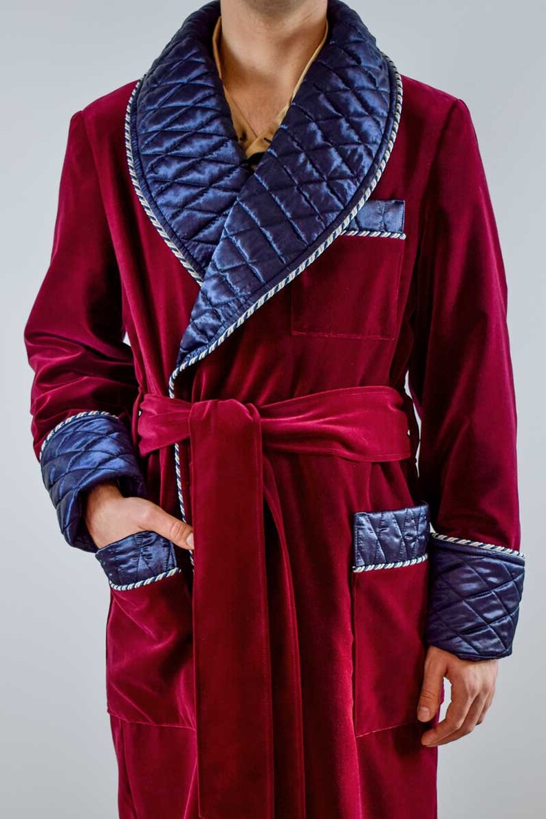 Mens Velvet Dressing Gown Smoking Jacket Burgundy Quilted Silk Maroon