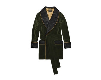 Mens Velvet Robe Smoking Jacket Dark Green Olive Gold  Black Satin Lapel Collar Dressing Gown Warm Vintage Gentleman Monogrammed