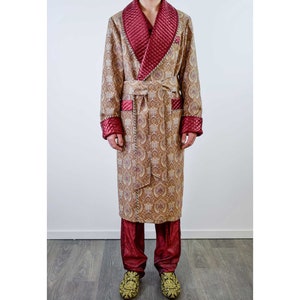 Mens Dressing Gown Gold Brown Floral Paisley Burgundy Quilted Cord Piping Classic Victorian Smoking Jacket Monogrammed Gents Housecoat image 1