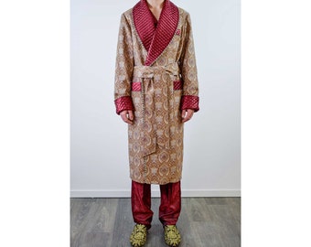 Mens Dressing Gown Gold Brown Floral Paisley Burgundy Quilted Cord Piping Classic Victorian Smoking Jacket Monogrammed Gents Housecoat