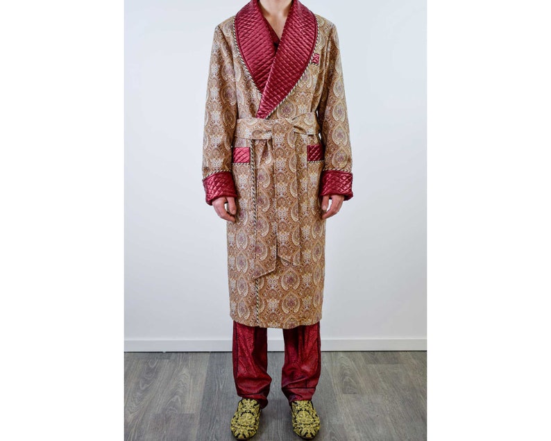 Mens Dressing Gown Gold Brown Floral Paisley Burgundy Quilted Cord Piping Classic Victorian Smoking Jacket Monogrammed Gents Housecoat image 1