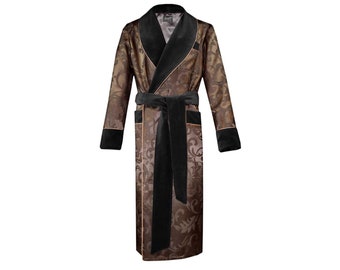 Mens Dressing Gown Brown Floral Jacquard Cotton, Black Velvet, Gold Piping