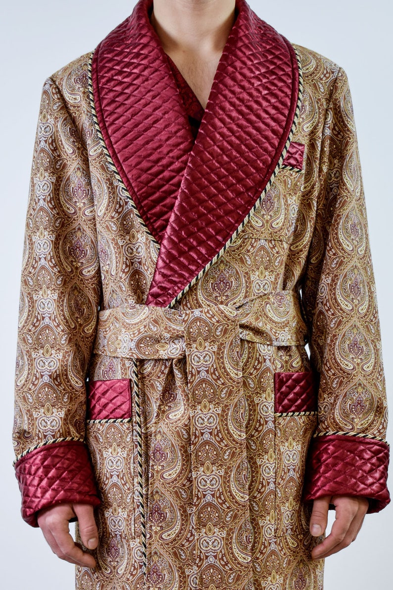 Mens Dressing Gown Gold Brown Floral Paisley Burgundy Quilted Cord Piping Classic Victorian Smoking Jacket Monogrammed Gents Housecoat image 6