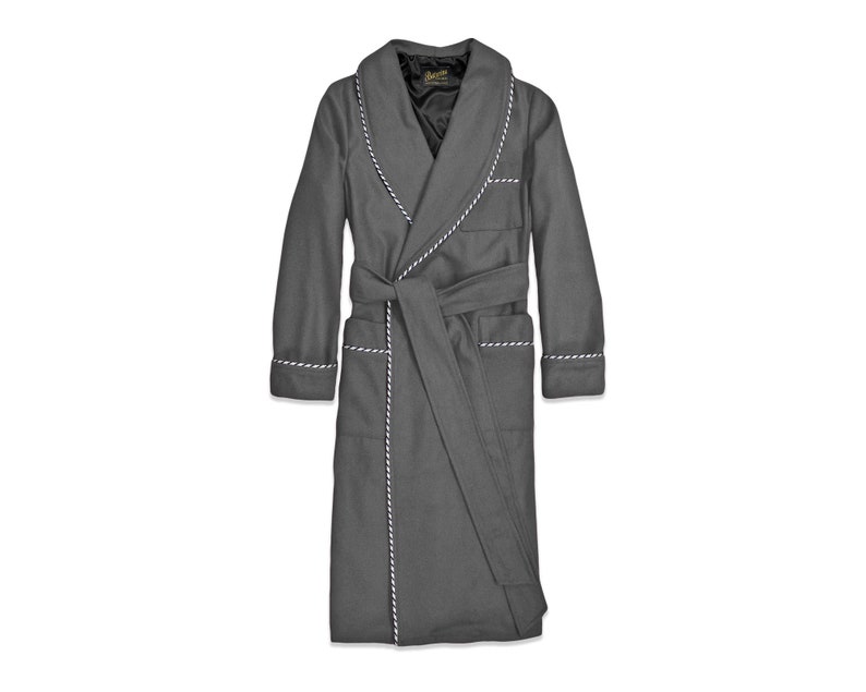 Mens Wool Robe Dressing Gown Smoking Jacket Gray Black Warm Heavy Thick Full Length Grey