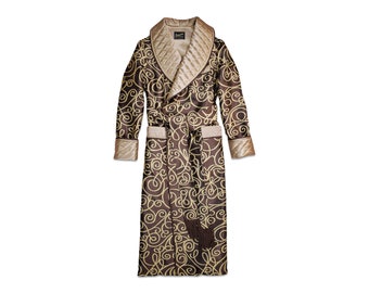 Mens Dressing Gown Dark Gold Brown Paisley Quilted English Gentleman Vintage Morning Robe Smoking Jacket Silky Shawl Collar