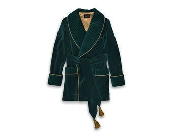 Mens Velvet Robe Smoking Jacket Green Quilted Lapel Collar Dressing Gown Warm Vintage Gentleman Monogrammed Dressing Gown Very Warm