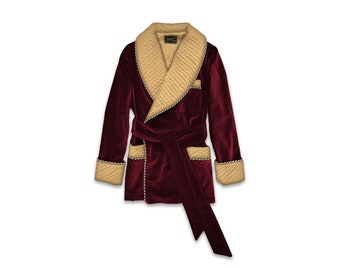 Mens Velvet Robe Smoking Jacket Burgundy Gold Quilted Silk Collar Dressing Gown Monogrammed Robes Warm Luxury English Vintage Gentleman