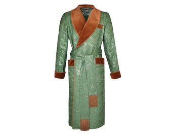 Men’s Dressing Gown Green Floral Brocade Dark Orange Velvet Gentlemans Classic Vintage Style Housecoat Full Length Personalized Robe