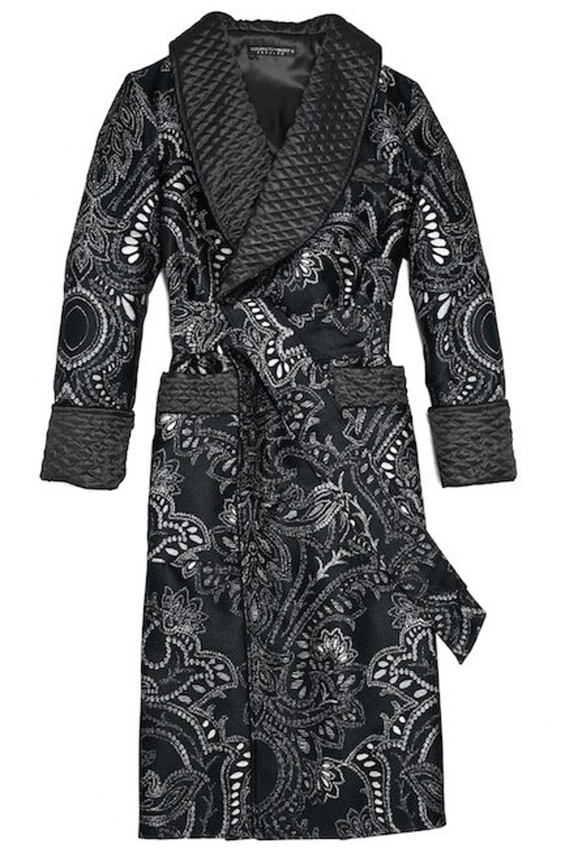 Mens Black Paisley Silk Robe Dressing Gown Quilted Smoking Etsy