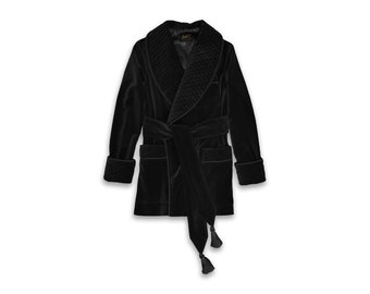 Mens Velvet Smoking Jacket Robe Black Quilted Satin Collar Dressing Gown Warm Luxury English Vintage Gentleman Monogrammed