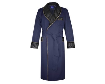 Mens Dressing Gown Navy Blue Cotton, Black Quilted Satin with Striped Cord Piping, Fleece Lined