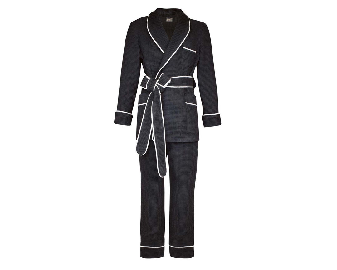 Mens Robe and Pants Set Black Waffle Cotton White Piping Summer Travel