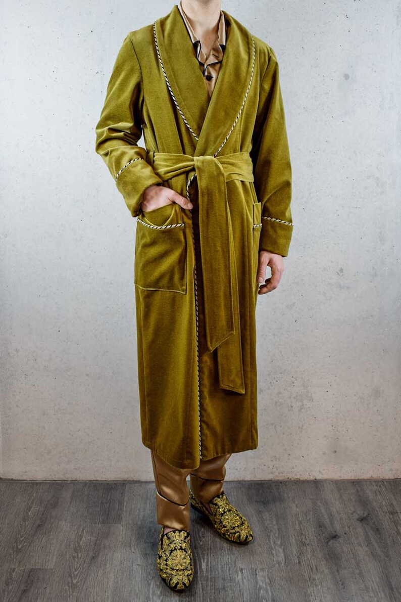Mens Bathrobe Olive Green Velvet Monogrammed Gents Housecoat Etsy
