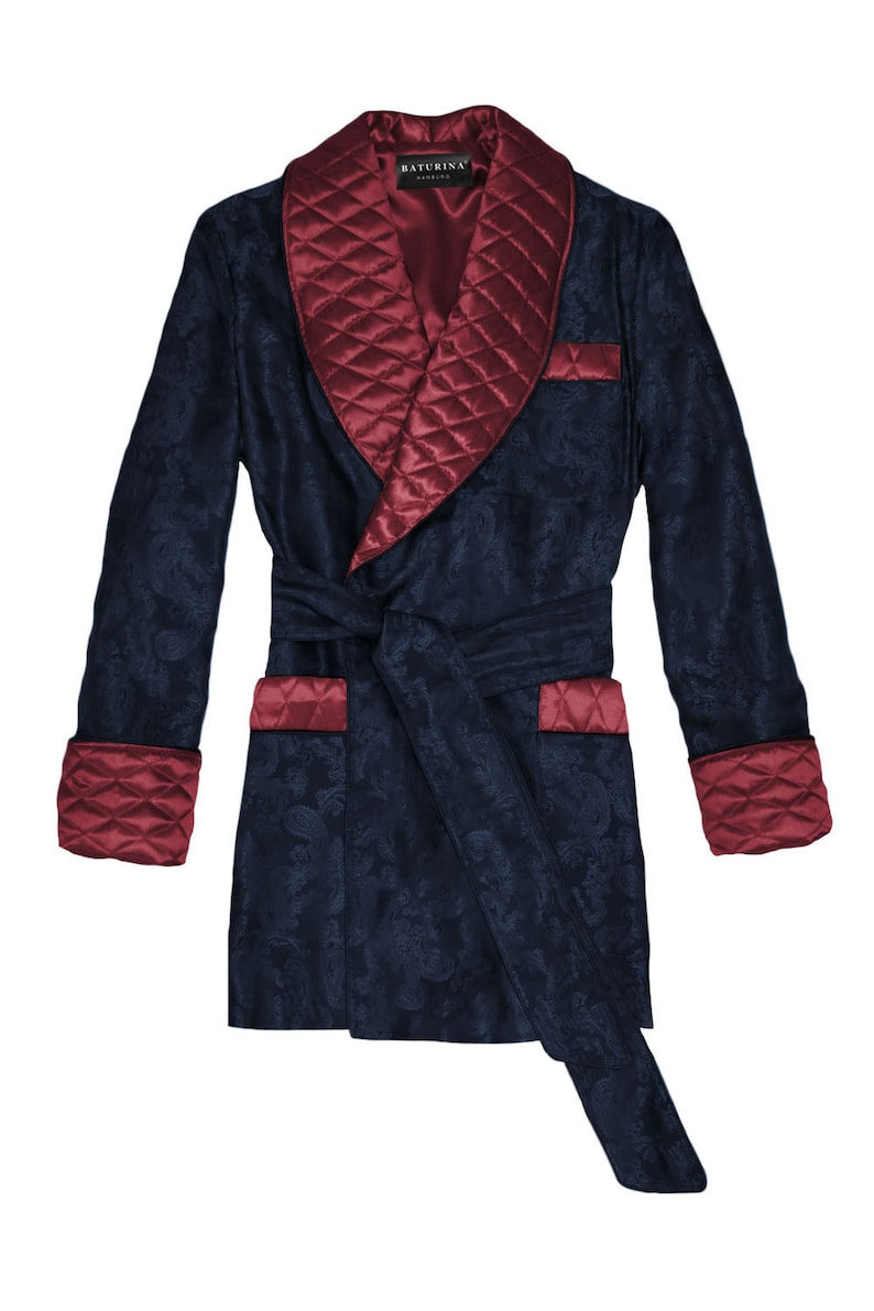 Mens Silk Smoking Jacket Paisley Burgundy Dark Navy Blue