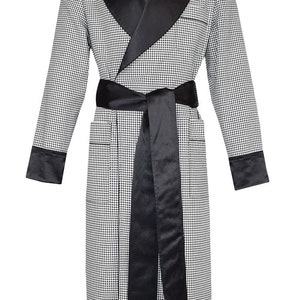 Mens Dressing Gown Houndstooth Cotton Jacquard Black White Satin Gentlemans Classic Vintage Style Robe Silky Victorian Dandy Dapper image 2