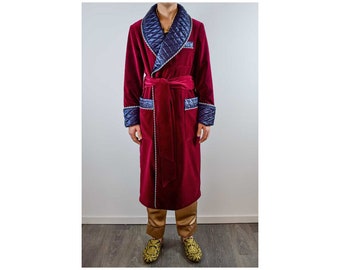 Mens Velvet Dressing Gown Smoking Jacket Burgundy Quilted Silk Maroon Red Warm Luxury English Vintage Gentleman Robes Monogrammed