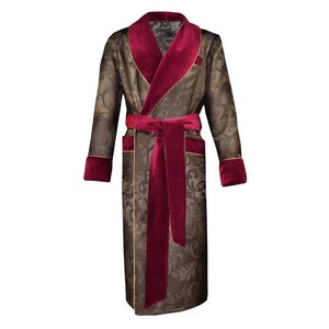 Men’s Dressing Gown Brown Floral Jacquard Cotton, Burgundy Velvet, Gold Piping Gentlemans Classic Vintage Style Housecoat Full Length