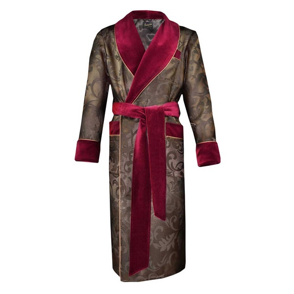 Men’s Dressing Gown Brown Floral Jacquard Cotton, Burgundy Velvet, Gold Piping Gentlemans Classic Vintage Style Housecoat Full Length