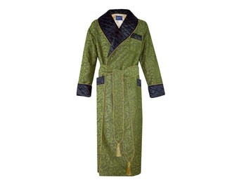 Mens Robe Dressing Gown Green Vintage Lounging Robes Smoking Jacket Housecoat Monogrammed Victorian Regency 19th Century Robe