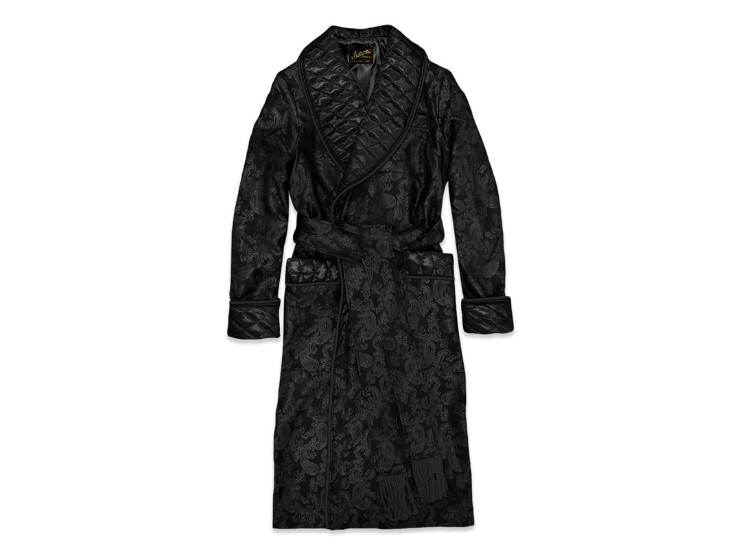 Mens Robe Paisley Black Quilted Dressing Gown Silky Jacquard Quilted
