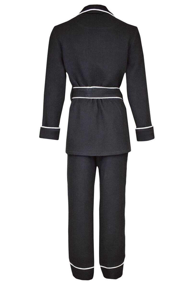 Mens Robe and Pants Set Black Waffle Cotton White Piping Summer Travel