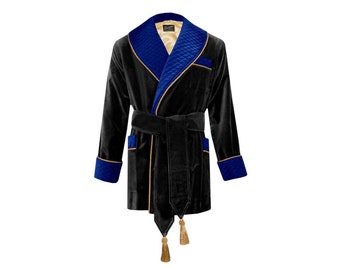 Mens Smoking Jacket Robe Royal Blue Black Velvet Dressing Gown Quilted Classic Extra Warm Long Lined Traditional Smokers Robes