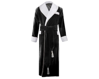 Mens Robe Velvet Dressing Gown Black White Classic Smoking Jacket Housecoat Full Length Extra Warm Quilted Long Lined Morning Robes Lounging