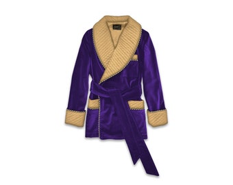 Mens Velvet Robe Smoking Jacket Purple Gold Quilted Silk Collar Dressing Gown Monogrammed Robes Warm Luxury English Vintage Gentleman