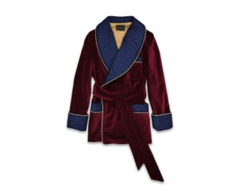 Mens Velvet Smoking Jacket Robe Burgundy Navy Blue Gold Quilted Silk Collar Dressing Gown Warm Luxury English Vintage Gentleman Monogrammed