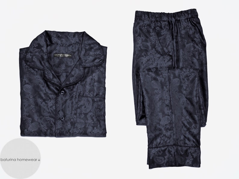 Mens Silk Pajamas Paisley Dark Blue Navy Pyjamas Gentlemans Luxury Pajama Long Sleeve Sleep Shirt Long Lounge Pants Big Tall