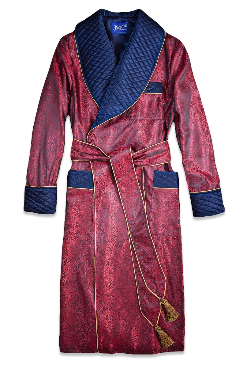 Mens Robe Paisley Quilted Dressing Gown Silky Jacquard Burgundy Navy