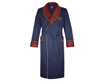 Mens Dressing Gown Navy Cotton, Burgundy Quilted Satin with Striped Cord Piping, Fleece Lined