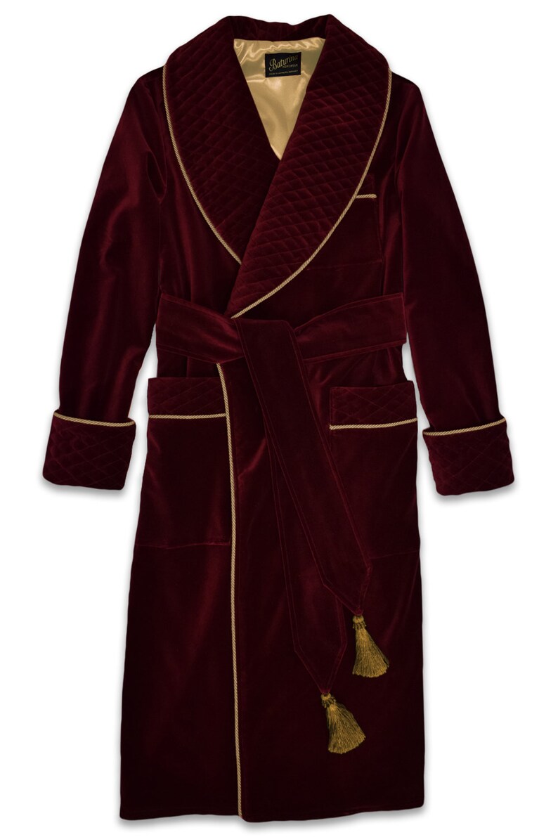 Mens Velvet Dressing Gown Smoking Jacket Robe Burgundy Gold Maroon Wine Quilted Collar Dressing