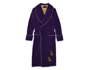 Mens Velvet Dressing Gown Smoking Jacket Robe Purple Quilted Silk Collar Dressing Gown Warm Vintage Gentleman Monogrammed