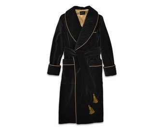 Mens Velvet Dressing Gown Smoking Jacket Robe Black Gold Quilted Collar Dressing Gown Warm Vintage Gentleman Monogrammed