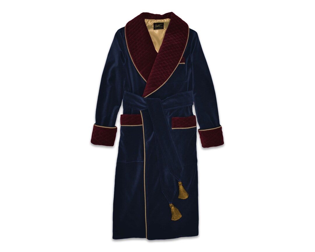 Mens Velvet Dressing Gown Smoking Jacket Robe Navy Blue Wine Red Gold